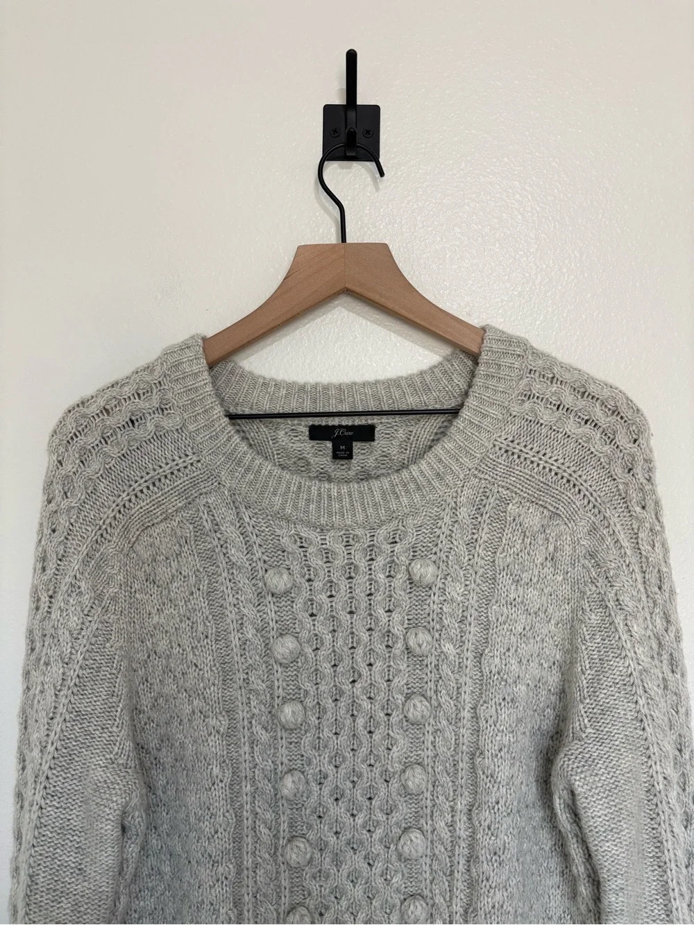 J. Crew Pom-Pom Cable Knit Lambswool Crewneck Pullover Sweater Grey Medium
